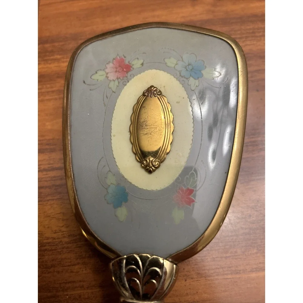 Gold Blue Flower‎ Vanity Hair Brush Vintage